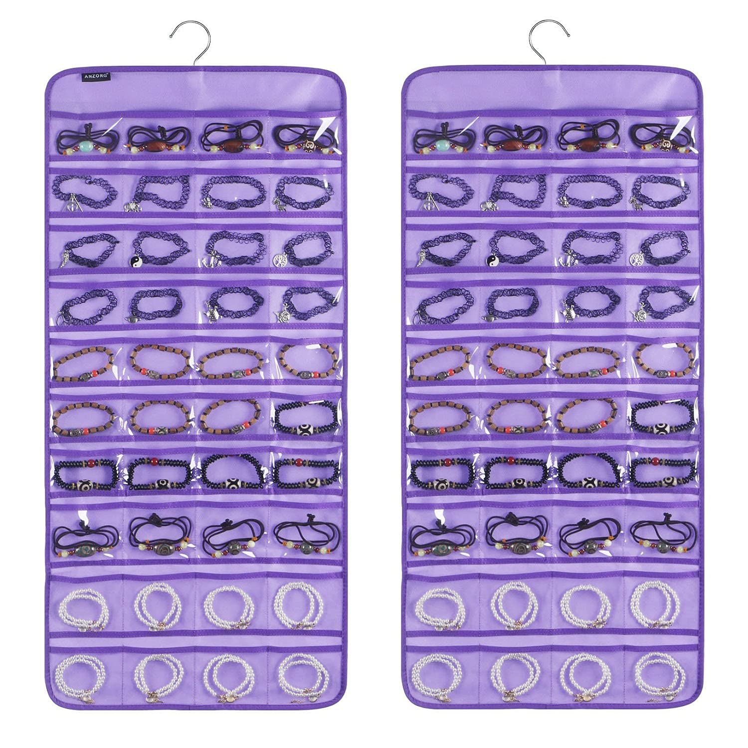 ANZORG 80 Pockets Hanging Jewelry Organizer for Holding Jewelries Dual-Sided Accessory Display Holder for Earrings Bracelets Rings (80 Pockets-Purple)