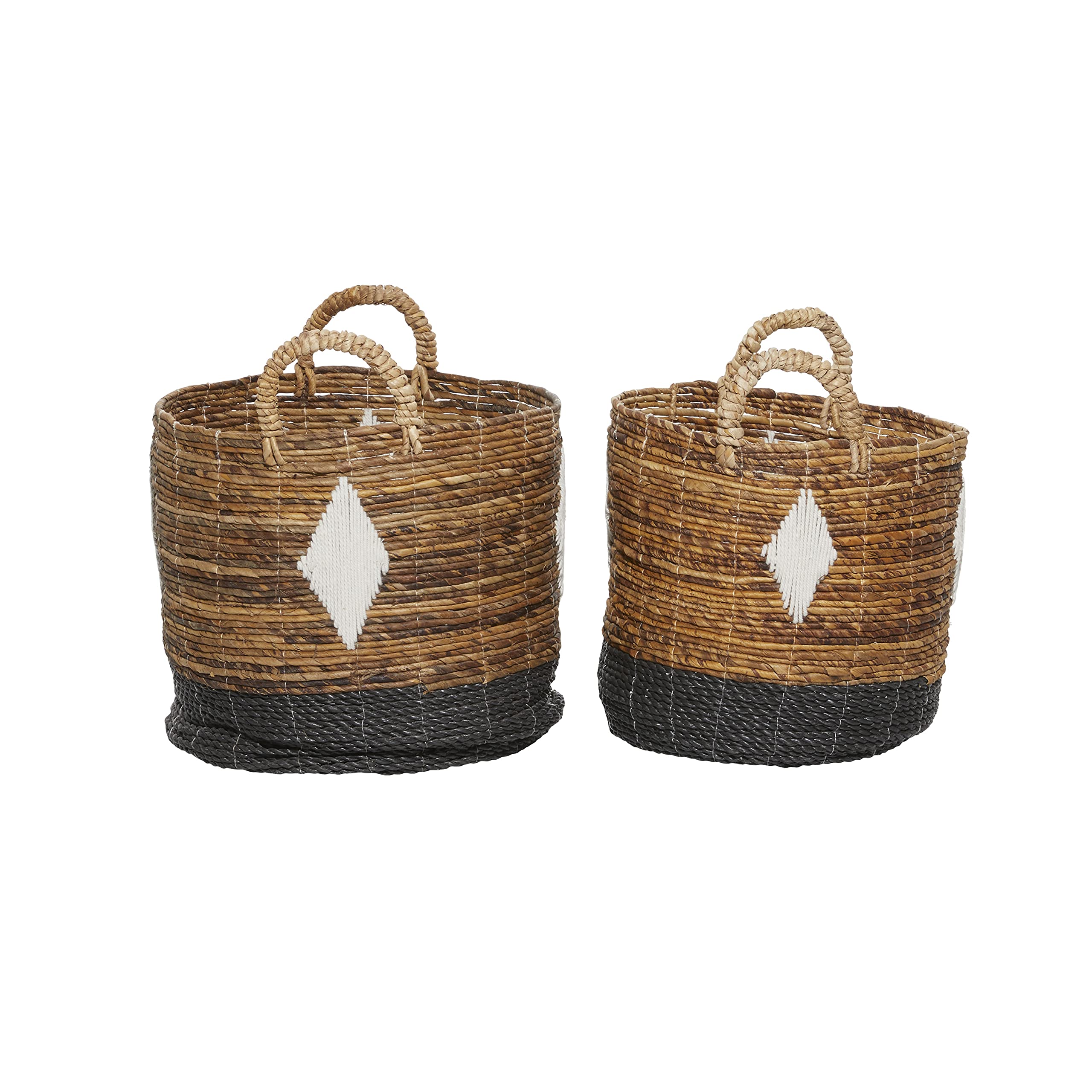 Deco 79 Banana Leaf Handmade Diamond Detail Storage Basket with Handles, Set of 2 17", 16"H, Brown