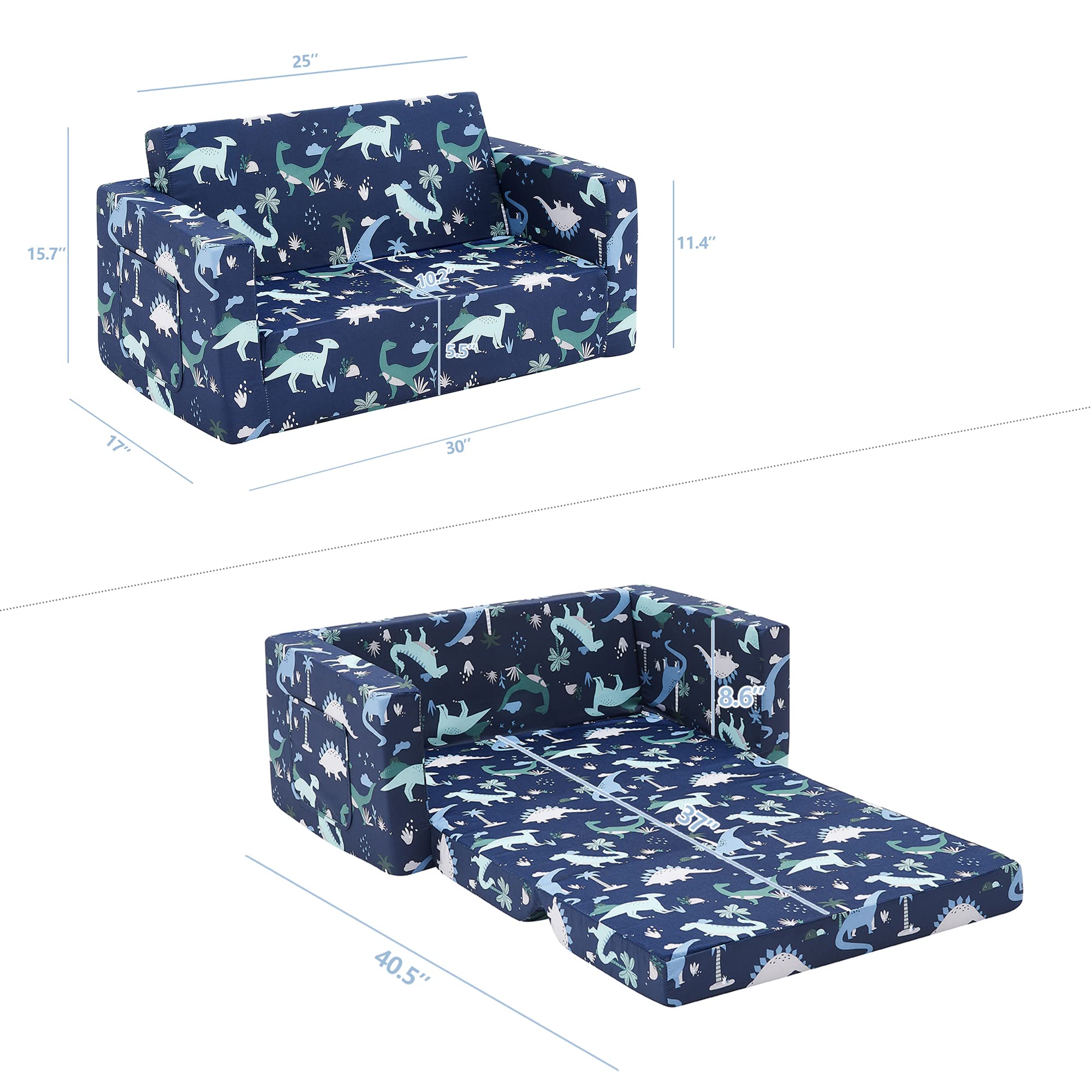 Ulax furniture Kids Fold Out Couch 2-in-1 Children Convertible Sofa to Lounger with Soft Plush Fabric(Navy Dinosaur)