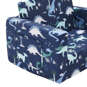 Ulax furniture Kids Fold Out Couch 2-in-1 Children Convertible Sofa to Lounger with Soft Plush Fabric(Navy Dinosaur)