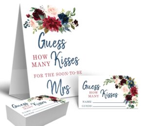 your main event prints burgundy and navy how many kisses game sign and cards great for bridal showers and weddings, neutral floral