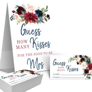 Your Main Event Prints Burgundy and Navy How Many Kisses Game Sign and Cards Great for Bridal Showers and Weddings, Neutral Floral