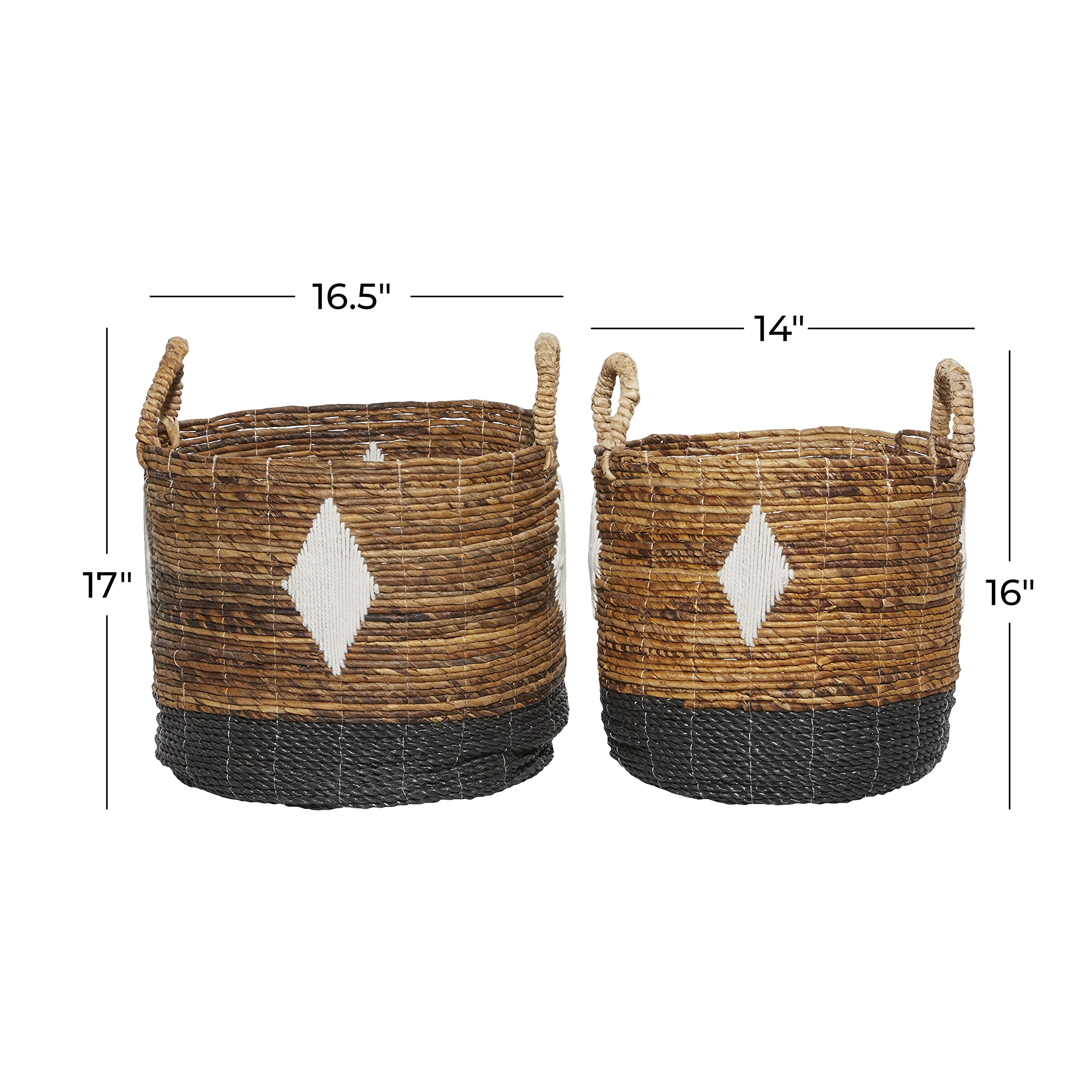 Deco 79 Banana Leaf Handmade Diamond Detail Storage Basket with Handles, Set of 2 17", 16"H, Brown