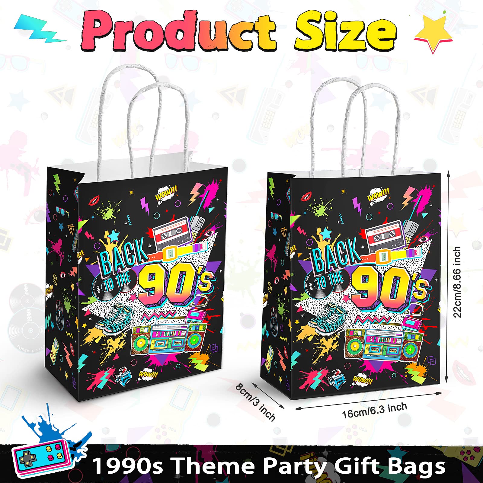 16 Pieces 90s Birthday Gift Bag Bulk Back to The 90s Party Decorations Retro 1990s Themed Party Favor Bags 90s Candy Bar Bags 90s Themed Goodies Treat Bags for 90s Birthday Disco Party Supplies