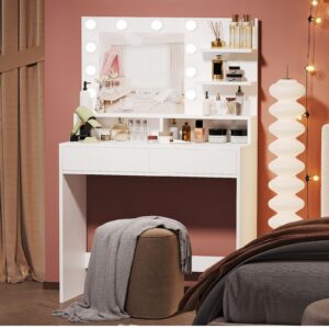 Reettic Vanity Table with Lighted Mirror and Shelf, Makeup Vanity Desk with Drawers, Bedroom Dressing Table,10 Light Blubs & Adjustable Brightness, White RSZT103W