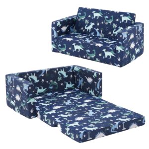 Ulax furniture Kids Fold Out Couch 2-in-1 Children Convertible Sofa to Lounger with Soft Plush Fabric(Navy Dinosaur)