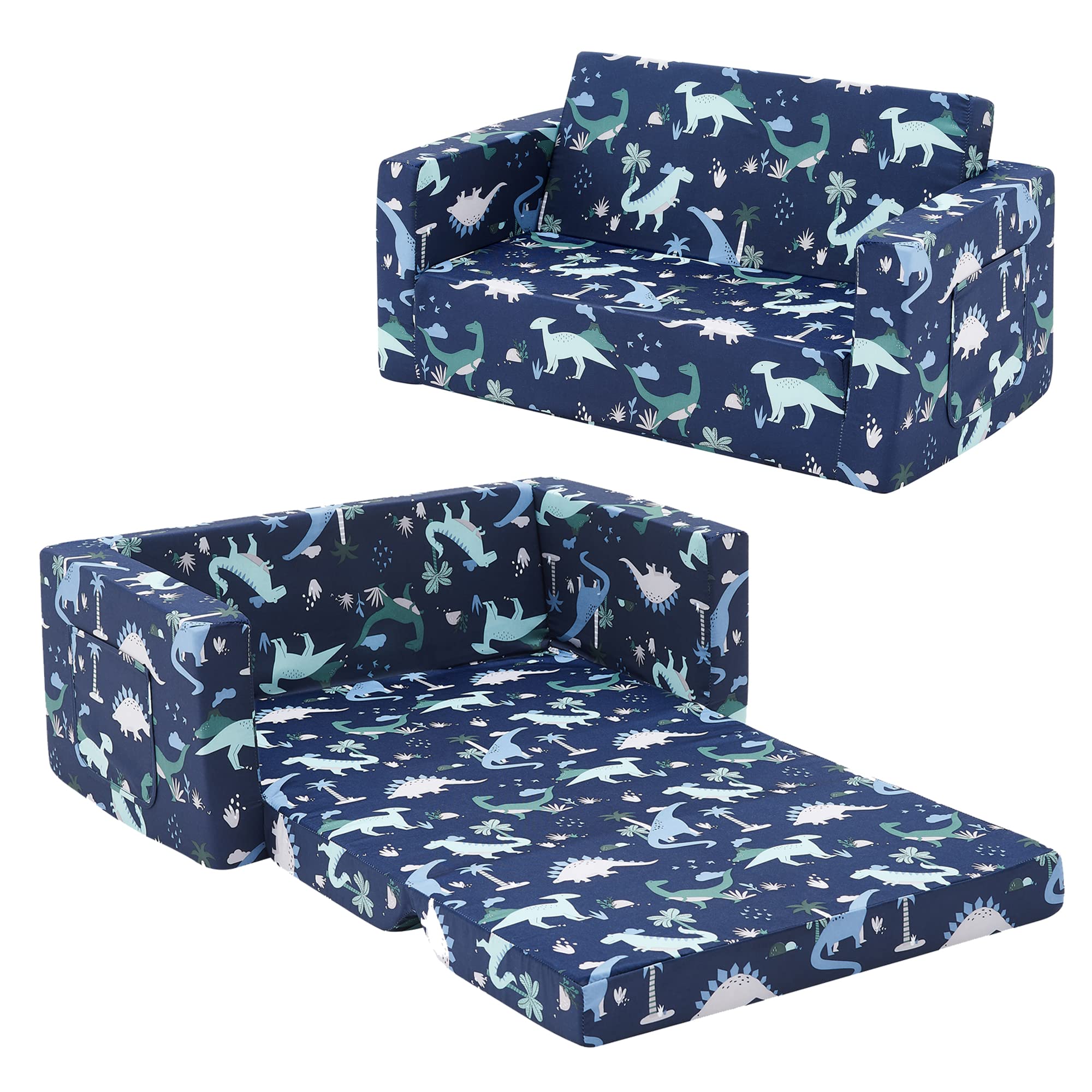 Ulax furniture Kids Fold Out Couch 2-in-1 Children Convertible Sofa to Lounger with Soft Plush Fabric(Navy Dinosaur)