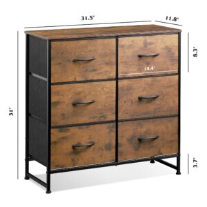 WLIVE 6 Drawer Dresser for Bedroom, Fabric Double Dresser, Storage Tower with Fabric Bins, Chest of Drawers for Closet, Living Room, Hallway, Rustic Brown Wood Grain Print