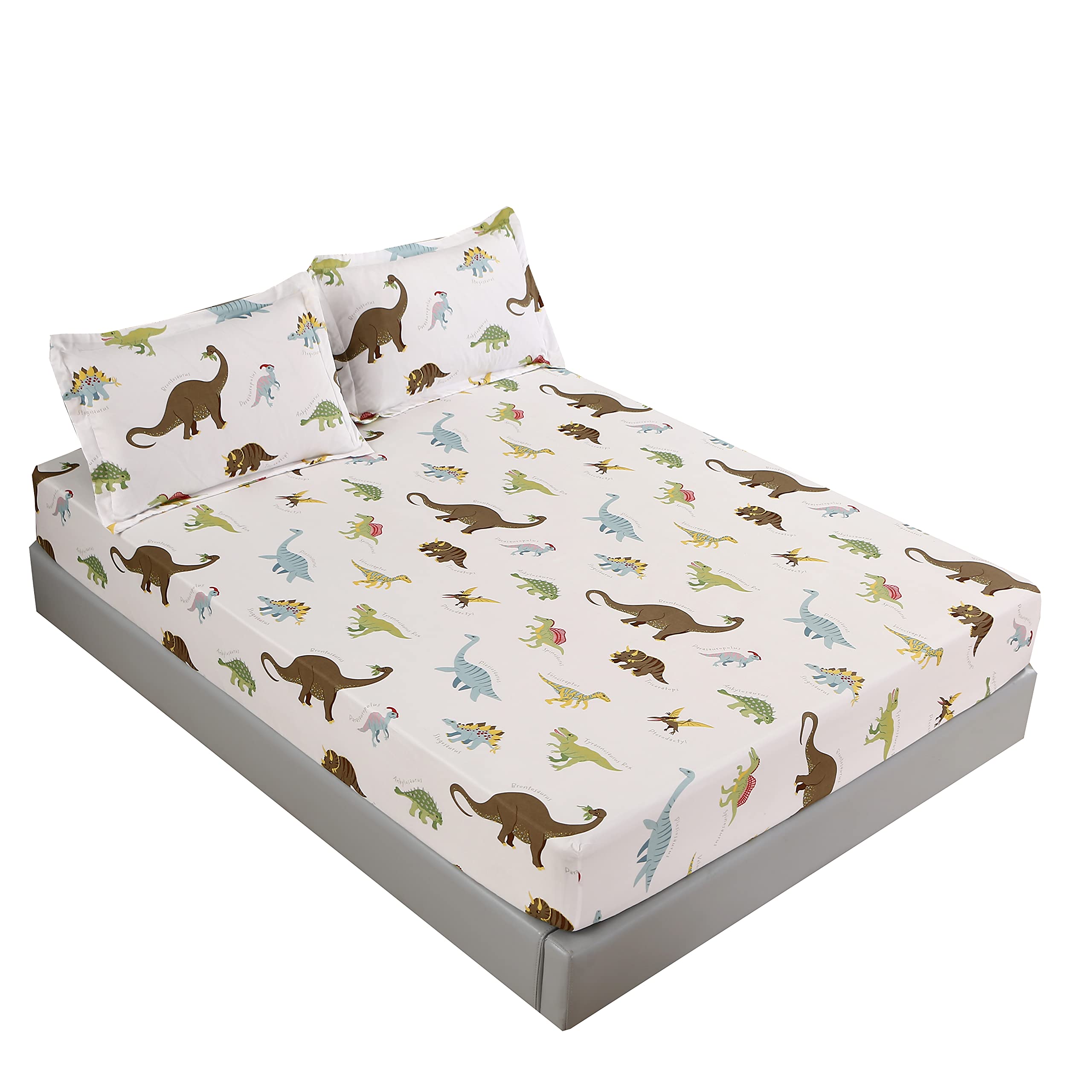 MAG Dinosaur Themed Full Size Bed Sheet Set, 3Pcs, Soft Microfiber, Colorful Dinosaurs, for Kids, Teens and Dinosaur Lovers, Includes Fitted Sheet (75”*54”*15”) and 2 Standard Pillowcases (20”*30”)