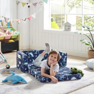 ulax furniture kids fold out couch 2-in-1 children convertible sofa to lounger with soft plush fabric(navy dinosaur)