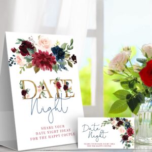 Your Main Event Prints Burgundy and Navy Floral Date Night Game Sign and Cards - Great for Bridal Showers and Weddings - 1 Self-Standing Sign and 50 Guessing Cards