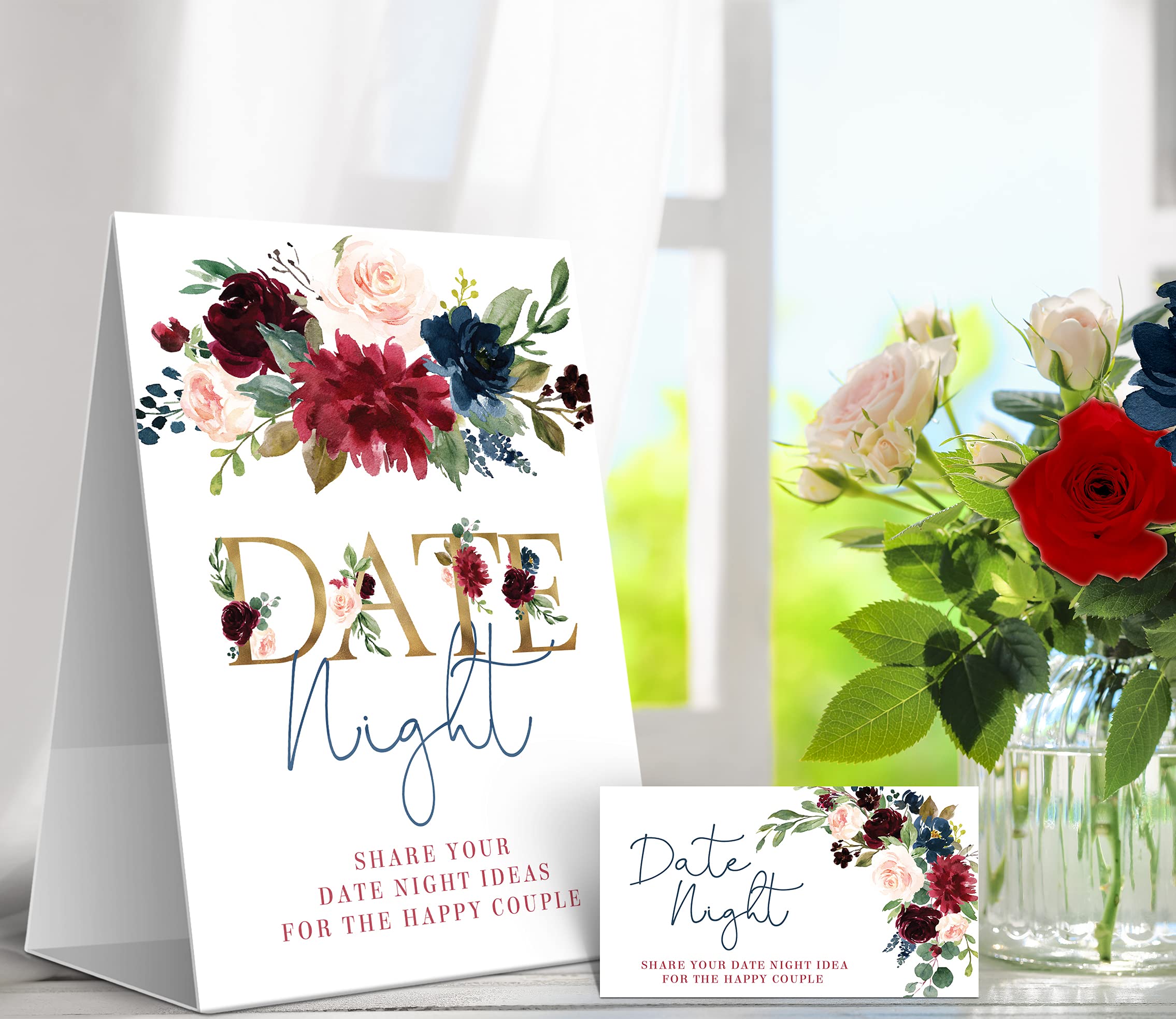 Your Main Event Prints Burgundy and Navy Floral Date Night Game Sign and Cards - Great for Bridal Showers and Weddings - 1 Self-Standing Sign and 50 Guessing Cards