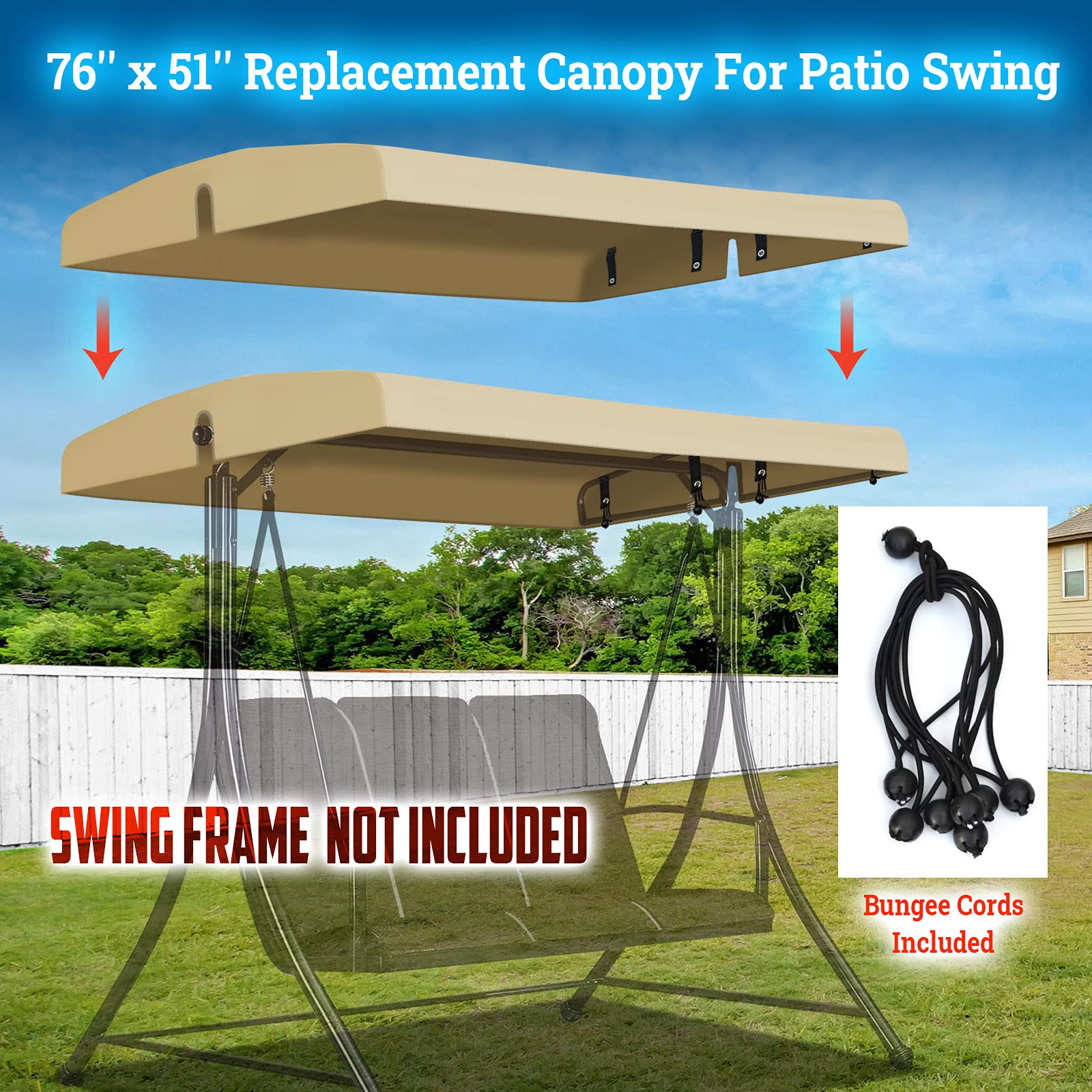 BenefitUSA Canopy Only Patio Outdoor 76"x51" Seat Furniture Swing Canopy Porch Top Replacement Cover with Bungee Cords (Beige)