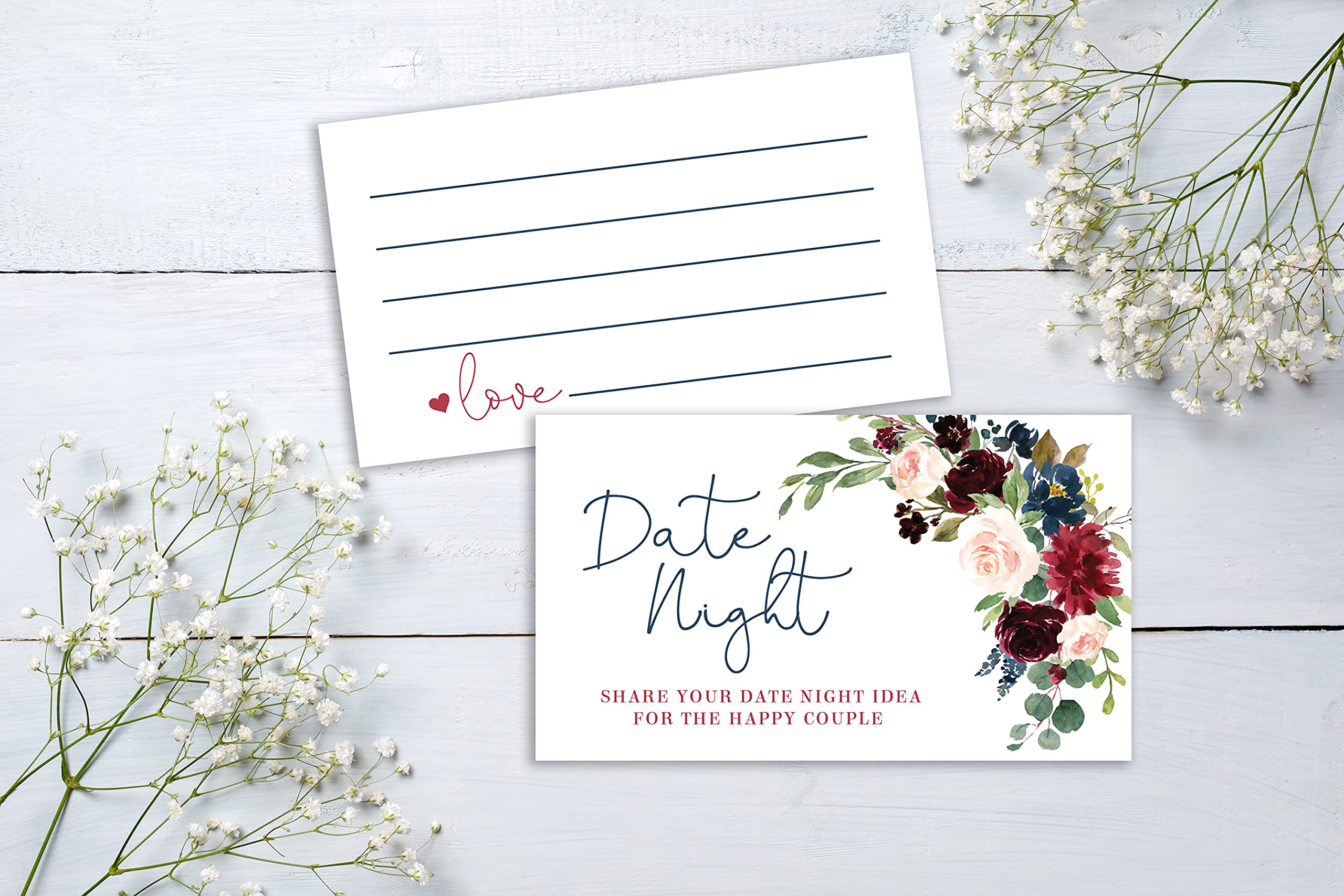 Your Main Event Prints Burgundy and Navy Floral Date Night Game Sign and Cards - Great for Bridal Showers and Weddings - 1 Self-Standing Sign and 50 Guessing Cards