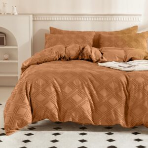 jellymoni duvet cover king, rust microfiber tufted duvet cover set, boho textured duvet cover jacquard rhombus geometric pattern duvet cover with corner ties & zipper closure