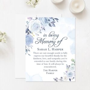 Hello Love Goods Light Blue and White Floral In Loving Memory Funeral Thank You Cards, Personalized Sympathy Acknowledgement Cards, 4.25x5.5 Flat Bereavement Notes with Envelopes