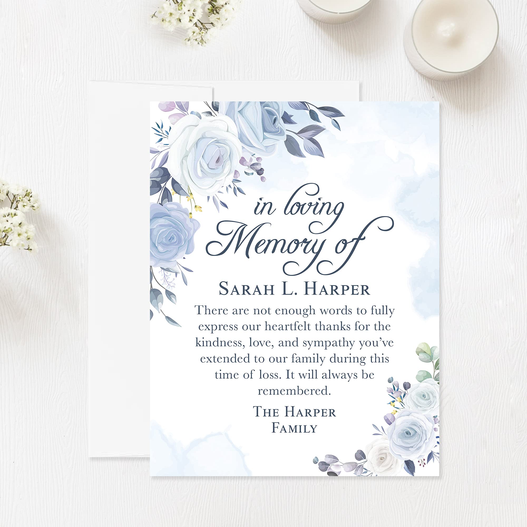 Hello Love Goods Light Blue and White Floral In Loving Memory Funeral Thank You Cards, Personalized Sympathy Acknowledgement Cards, 4.25x5.5 Flat Bereavement Notes with Envelopes