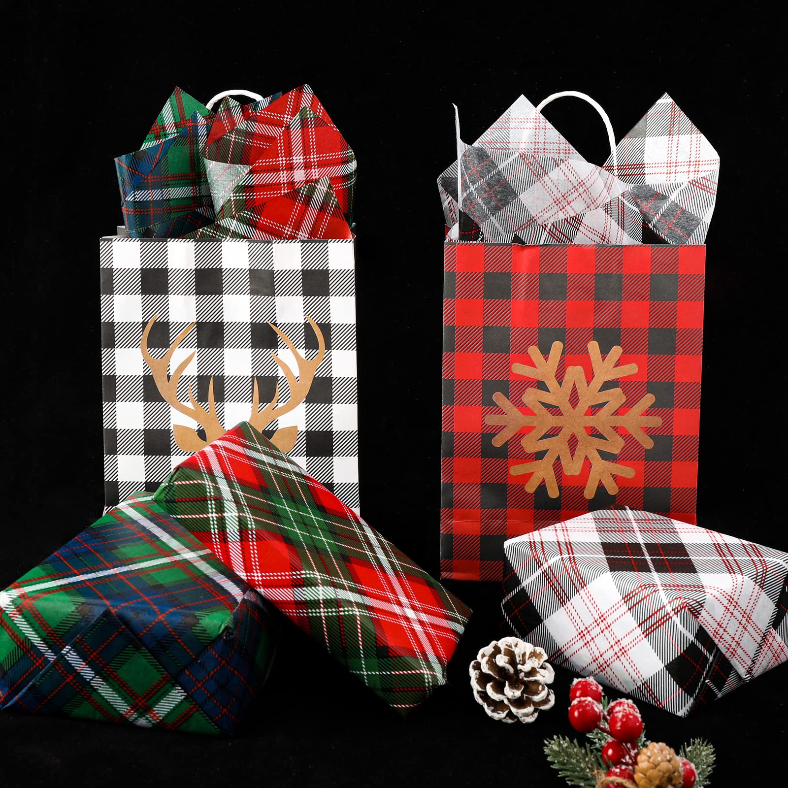 Whaline Christmas Tissue Paper Buffalo Plaid Wrapping Paper Blue Red Green White Black Gift Wrapping Tissue Paper Rustic Art Paper Crafts for Home DIY Gift Bags New Year Decor, 90 Sheets