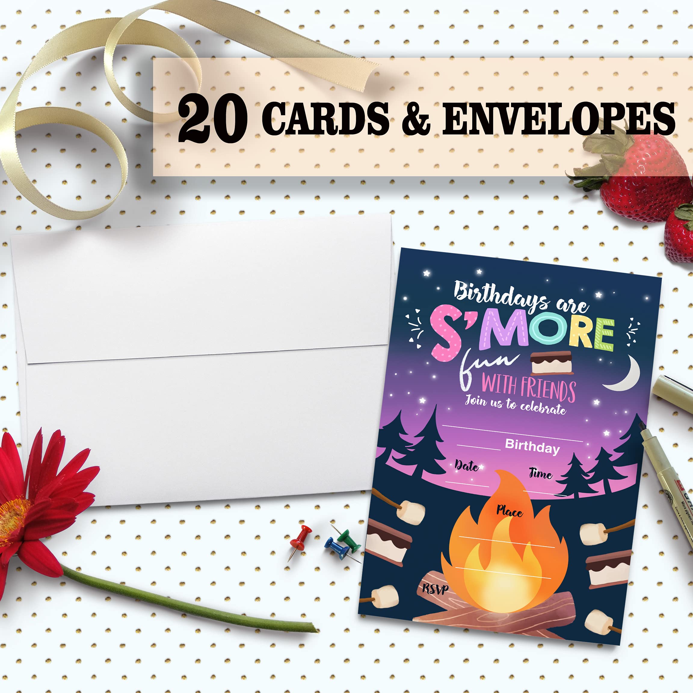 Nopoben Birthday Party Invitation Cards, Camping S'mores Bonfire Birthday Party Celebration, Bithday Are S'more With Friends Party Supplies, Favors, 20 Cards With 20 Envelopes – (C03)