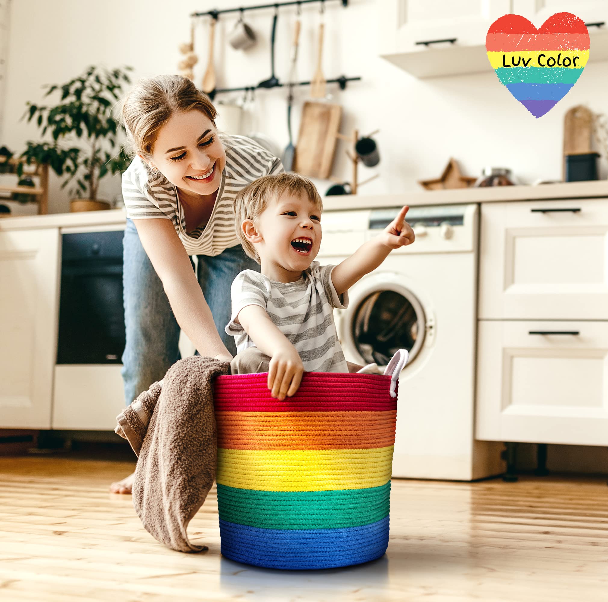 Large Rainbow Baby Laundry Basket Blanket Holder Rainbow Classroom Decor Toy Organizers And Storage Basket For Blankets Woven Basket With Handles Cotton Rope Basket 16"x16"x16"