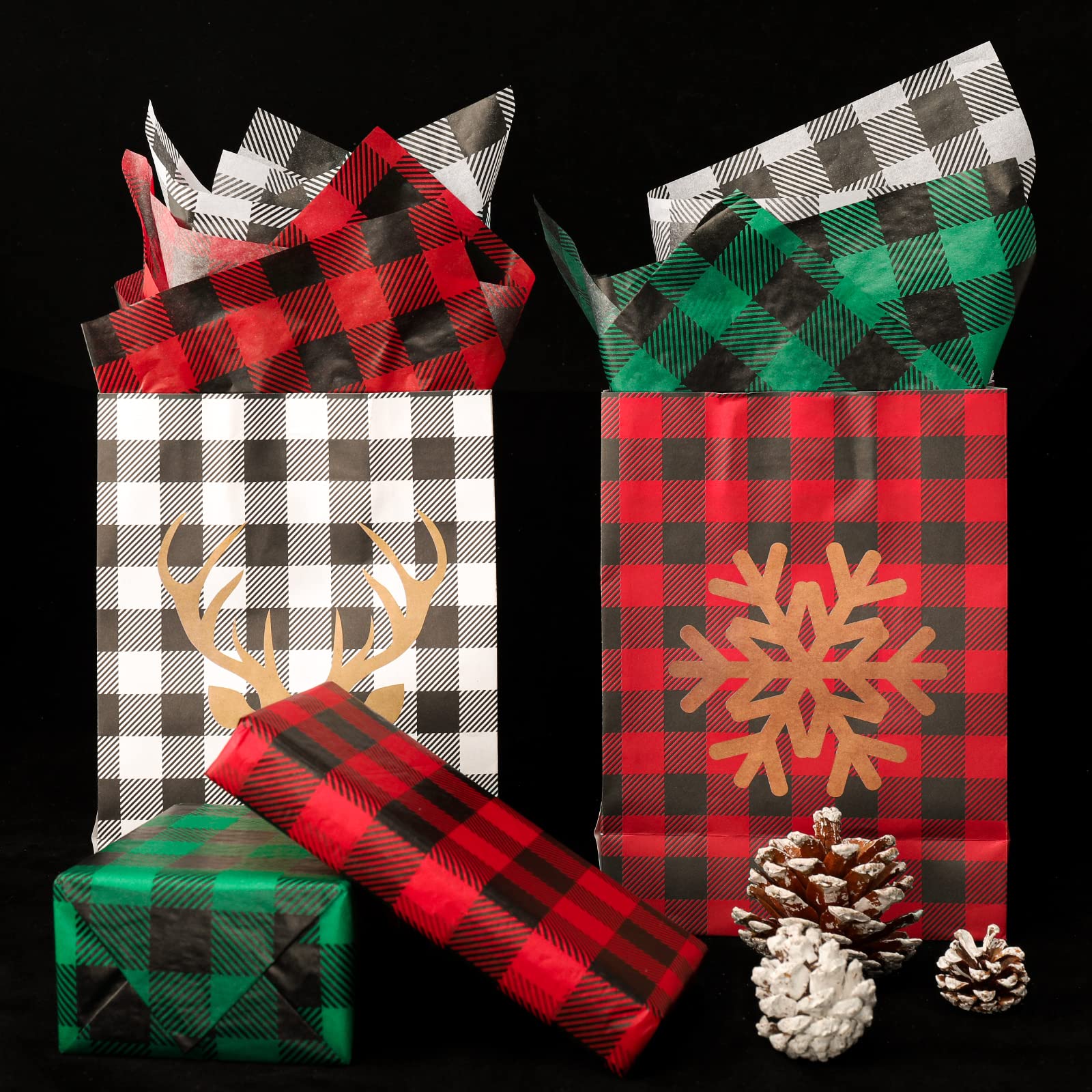 Whaline 120 Sheets Christmas Tissue Paper Buffalo Plaid Wrapping Paper Red Green White Black Gift Wrapping Paper Rustic Art Paper Crafts for Home DIY Gift Bags New Year Decor, 14 x 20inch