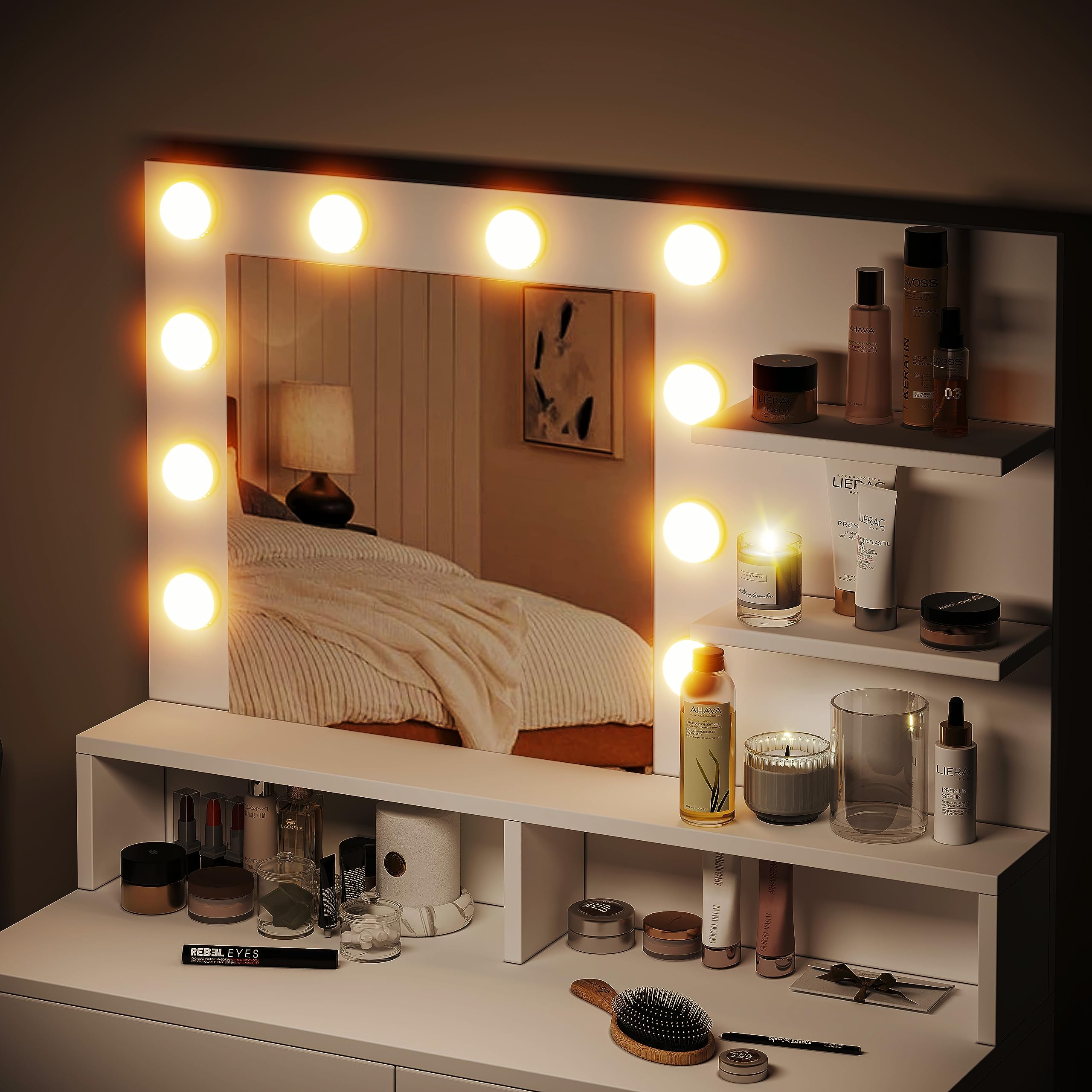 Reettic Vanity Table with Lighted Mirror and Shelf, Makeup Vanity Desk with Drawers, Bedroom Dressing Table,10 Light Blubs & Adjustable Brightness, White RSZT103W