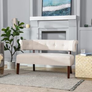 Jennifer Taylor Home Celia Roll Arm Tufted Bench Settee, Sky Neutral Beige Polyester