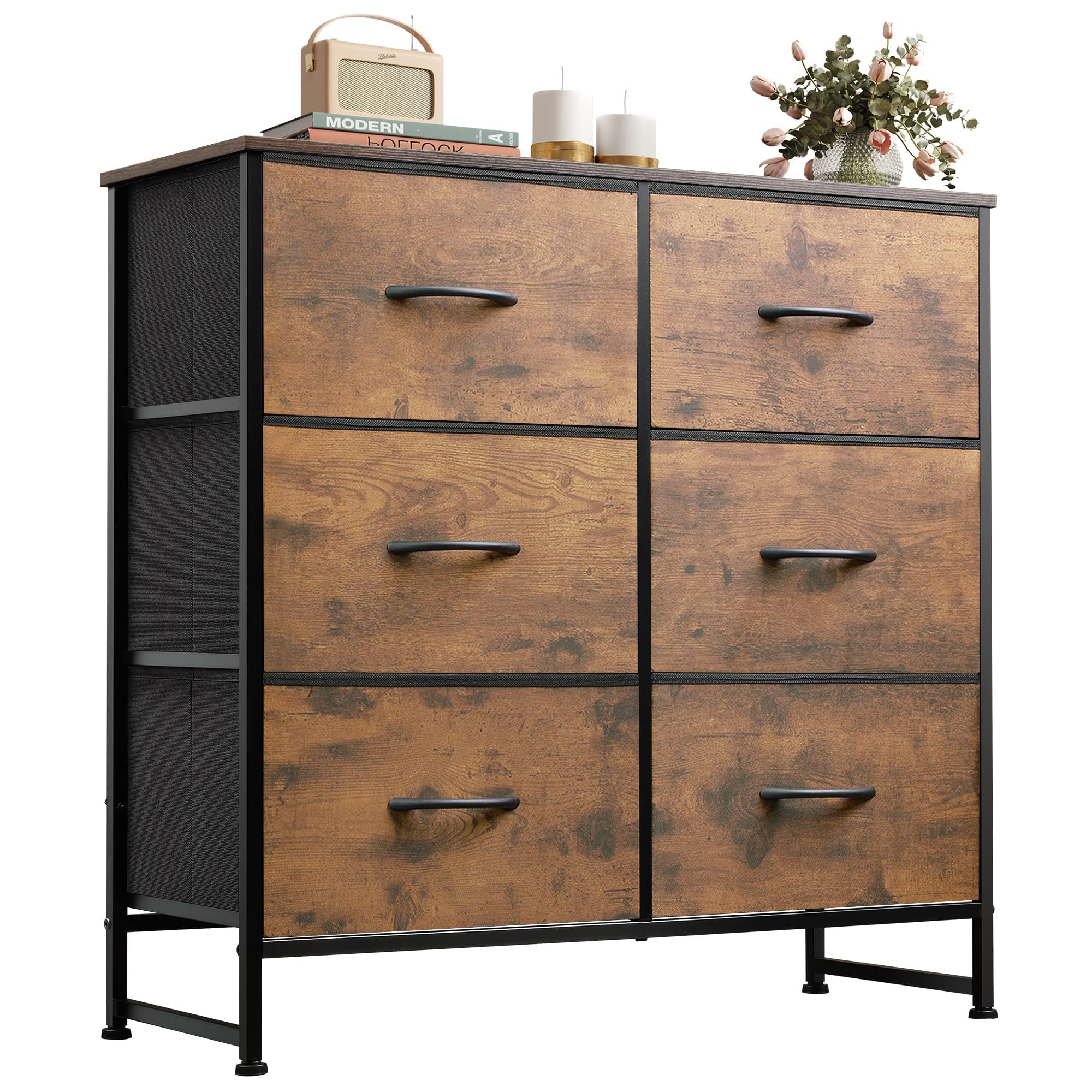 WLIVE 6 Drawer Dresser for Bedroom, Fabric Double Dresser, Storage Tower with Fabric Bins, Chest of Drawers for Closet, Living Room, Hallway, Rustic Brown Wood Grain Print