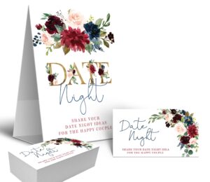 your main event prints burgundy and navy floral date night game sign and cards - great for bridal showers and weddings - 1 self-standing sign and 50 guessing cards