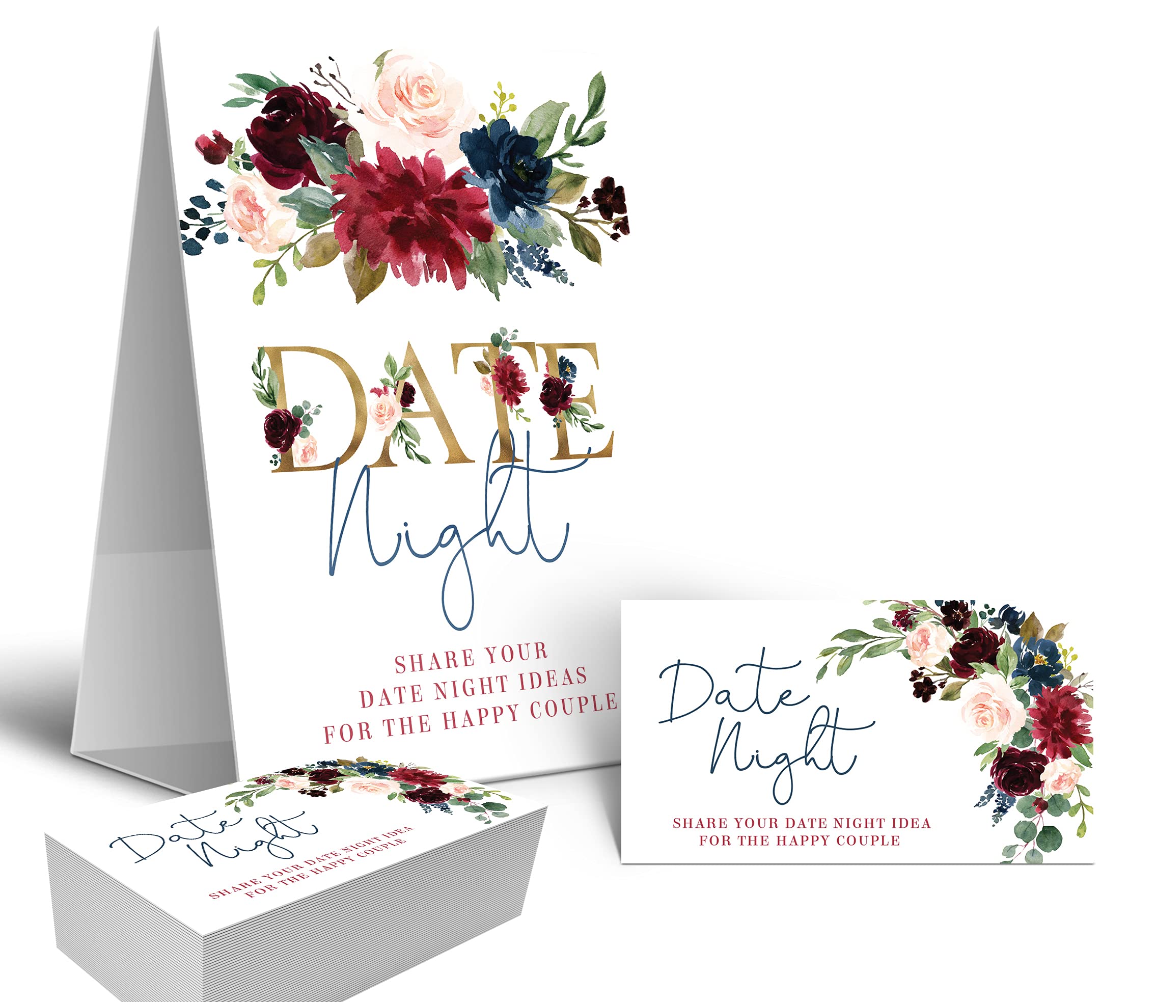 Your Main Event Prints Burgundy and Navy Floral Date Night Game Sign and Cards - Great for Bridal Showers and Weddings - 1 Self-Standing Sign and 50 Guessing Cards