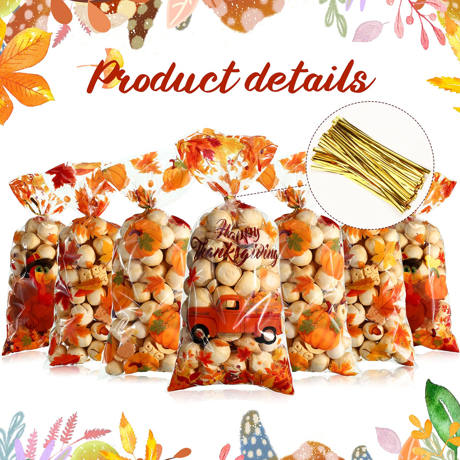 160 Pieces Thanksgiving Treat Bags Fall Cellophane Bags Plastic Happy Thanksgiving Pumpkin Fall Leave Turkey Sign Gift Bags with 160 Gold Twist Ties for Thanksgiving Fall Autumn Theme Party Supplies