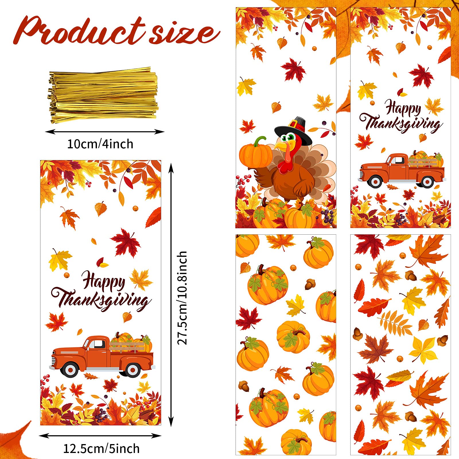 160 Pieces Thanksgiving Treat Bags Fall Cellophane Bags Plastic Happy Thanksgiving Pumpkin Fall Leave Turkey Sign Gift Bags with 160 Gold Twist Ties for Thanksgiving Fall Autumn Theme Party Supplies