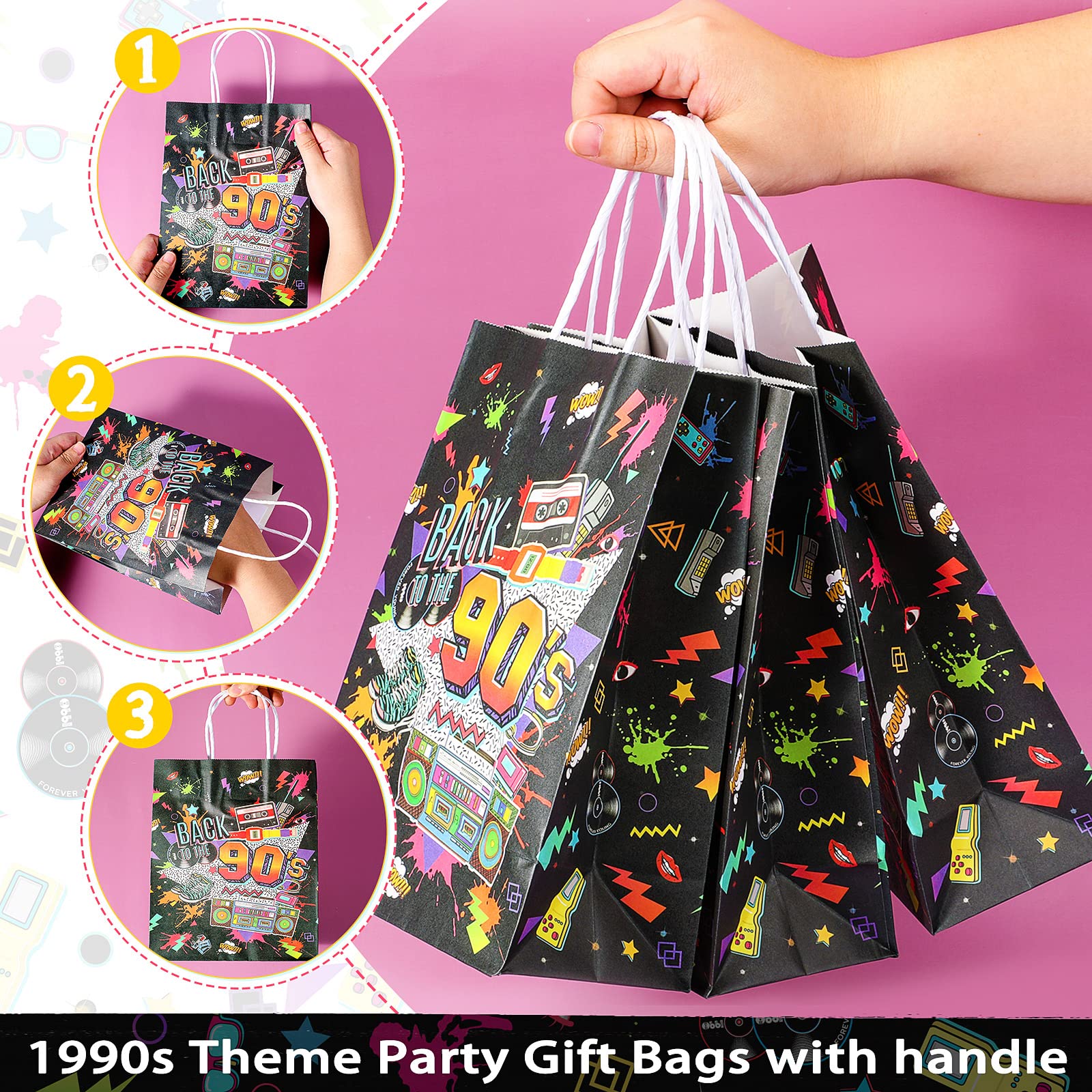 16 Pieces 90s Birthday Gift Bag Bulk Back to The 90s Party Decorations Retro 1990s Themed Party Favor Bags 90s Candy Bar Bags 90s Themed Goodies Treat Bags for 90s Birthday Disco Party Supplies