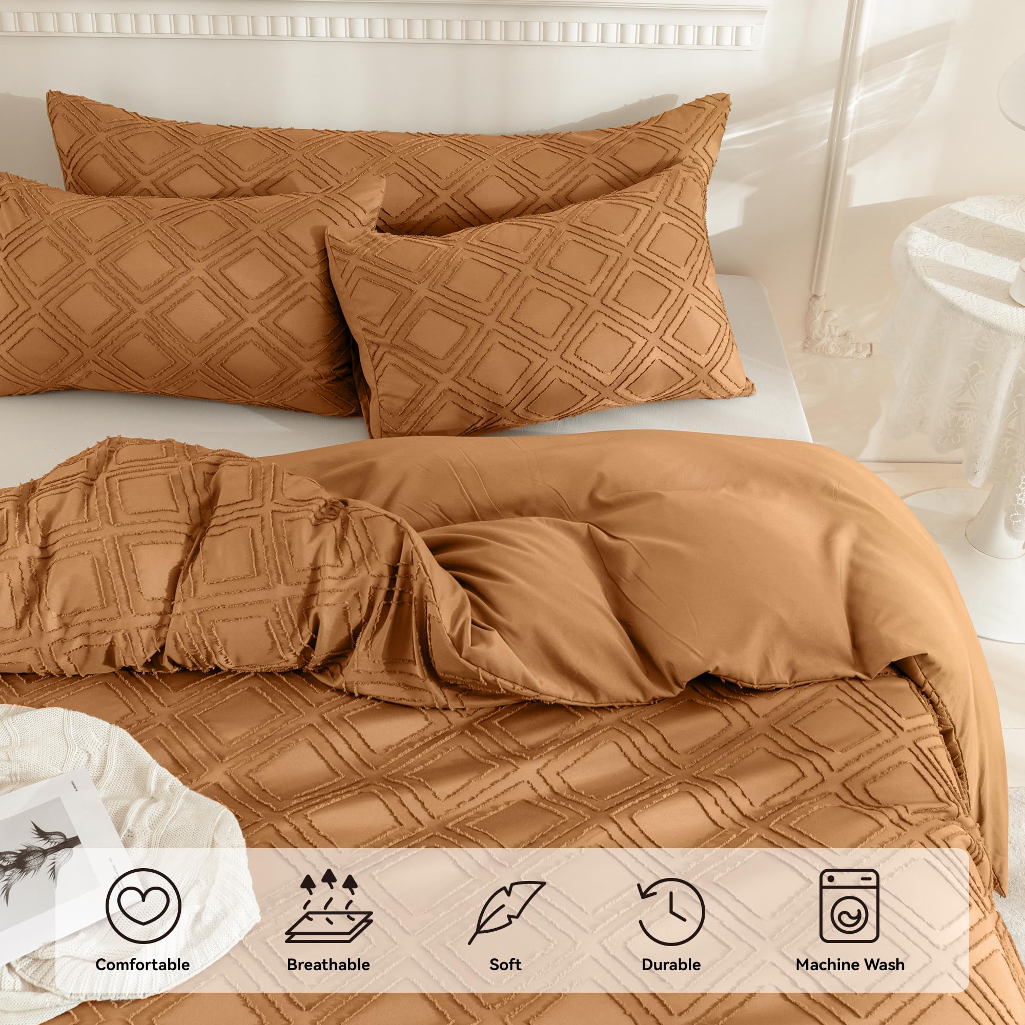 JELLYMONI Duvet Cover King, Rust Microfiber Tufted Duvet Cover Set, Boho Textured Duvet Cover Jacquard Rhombus Geometric Pattern Duvet Cover with Corner Ties & Zipper Closure