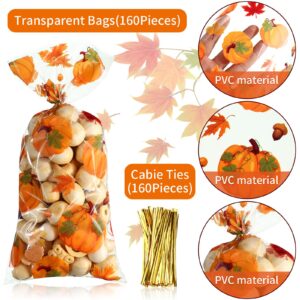 160 Pieces Thanksgiving Treat Bags Fall Cellophane Bags Plastic Happy Thanksgiving Pumpkin Fall Leave Turkey Sign Gift Bags with 160 Gold Twist Ties for Thanksgiving Fall Autumn Theme Party Supplies