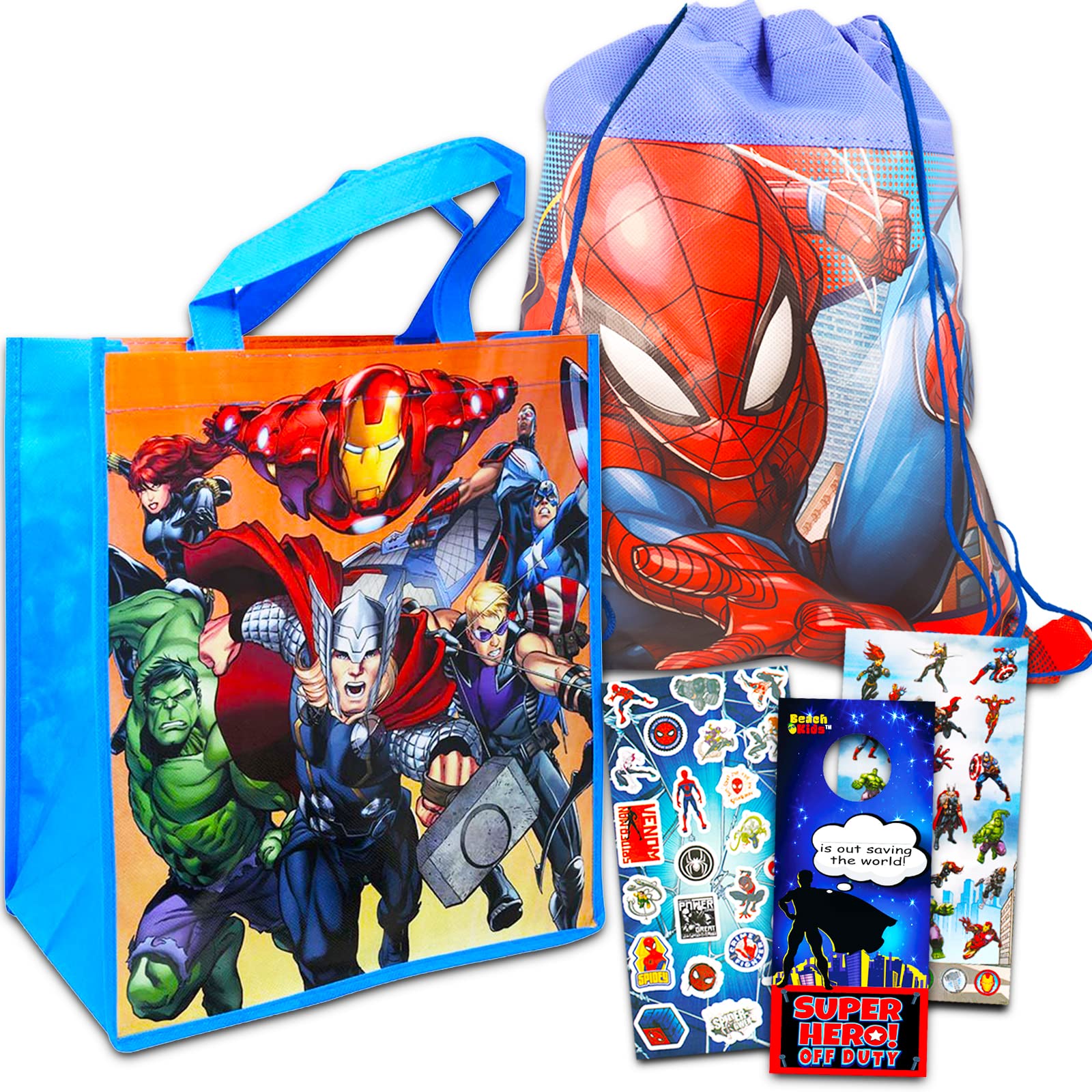 Marvel Avengers Drawstring and Tote Bag Set ~ 5 Pc Bundle with Avengers and Spiderman Travel Bags for Kids and Toddlers, Stickers, and More (Superhero Sling Bag Totes)