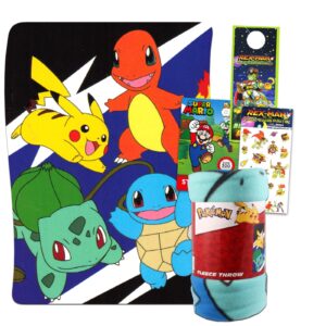 pokemon throw blanket set - bundle of 45x60" pokemon fleece blanket, super mario stickers and more | nintendo bedding kit for kids