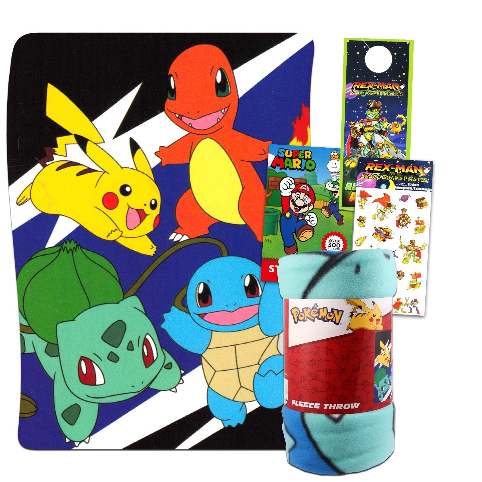 Pokemon Throw Blanket Set - Bundle of 45x60" Pokemon Fleece Blanket, Super Mario Stickers and More | Nintendo Bedding Kit for Kids