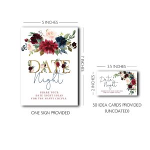 Your Main Event Prints Burgundy and Navy Floral Date Night Game Sign and Cards - Great for Bridal Showers and Weddings - 1 Self-Standing Sign and 50 Guessing Cards