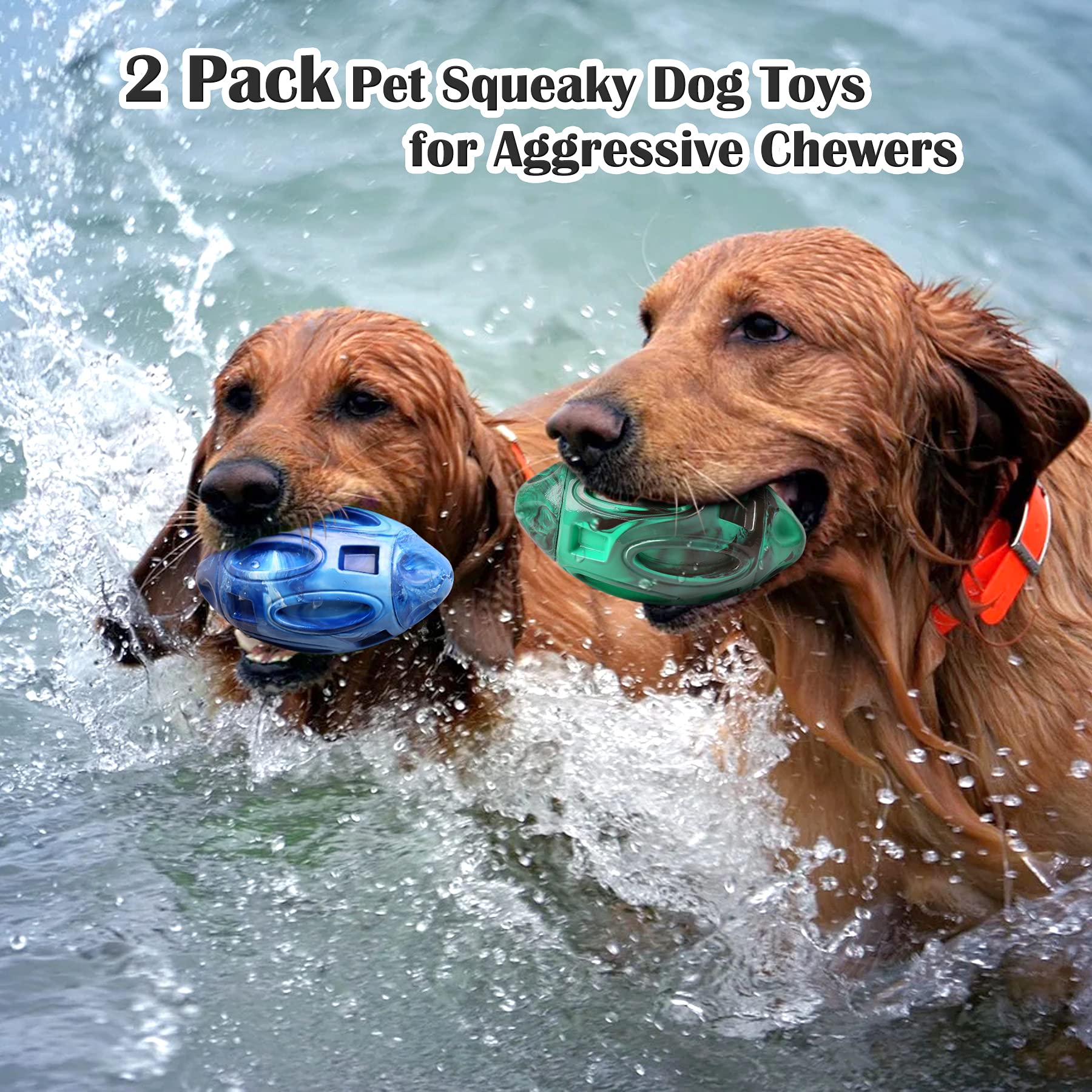 2 Pack Squeaky Dog Toys for Aggressive Chewers Large Medium Small Puppy Interactive Dog Chew Toy Durable Rubber Indestructible Tough Ball (Blue Green)