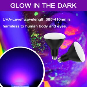 BR30 UV Black Light Bulbs 2 Pack for Glow Party -15W (100w Equivalent) E26 UVA 385-410 nm, Big LED Blacklight Flood Light Bulb for Room, Body Paints, Fluorescent Poster, Halloween, Blacklight Party