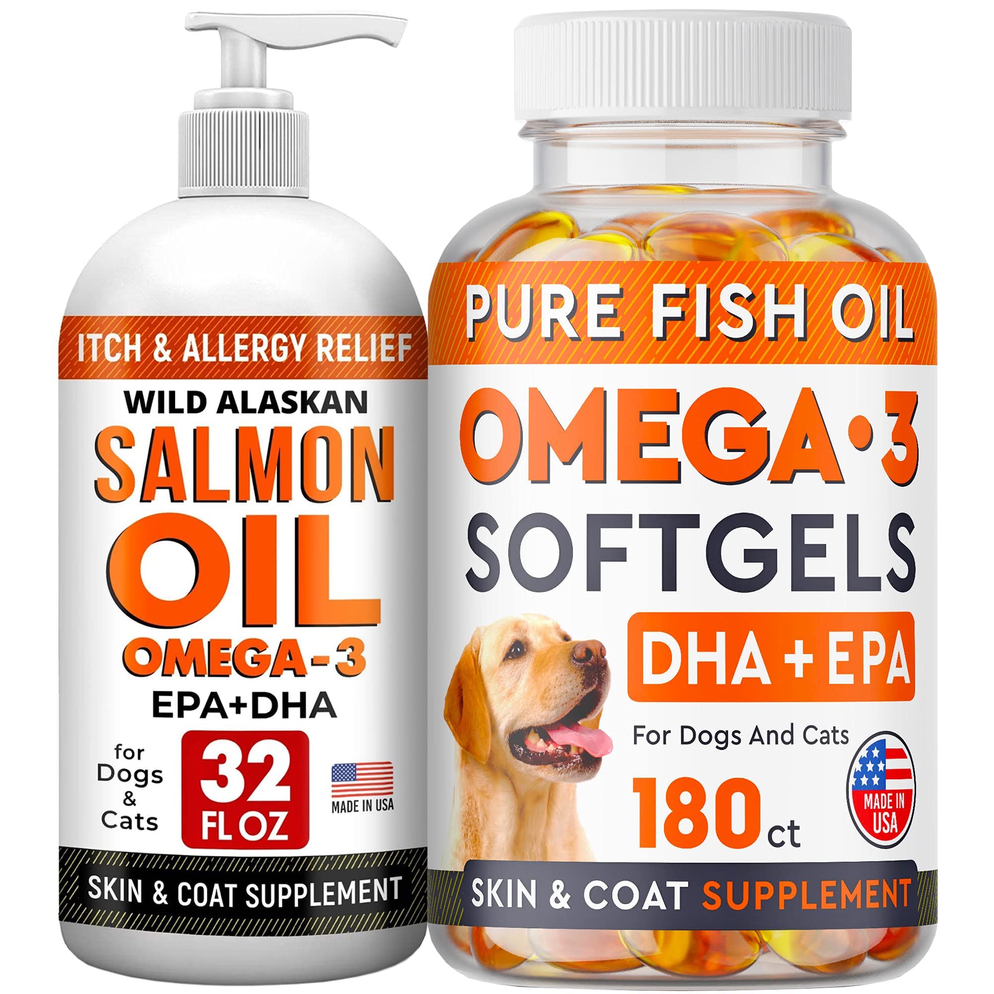 32oz Salmon Oil Omega 3 + Omega 3 Fish Oil Pills for Dogs Bundle - Joint Health - Allergy Relief - Itch Relief, Shedding - Skin and Coat Supplement - Omega 3 6 9 - EPA & DHA Fatty Acids - USA