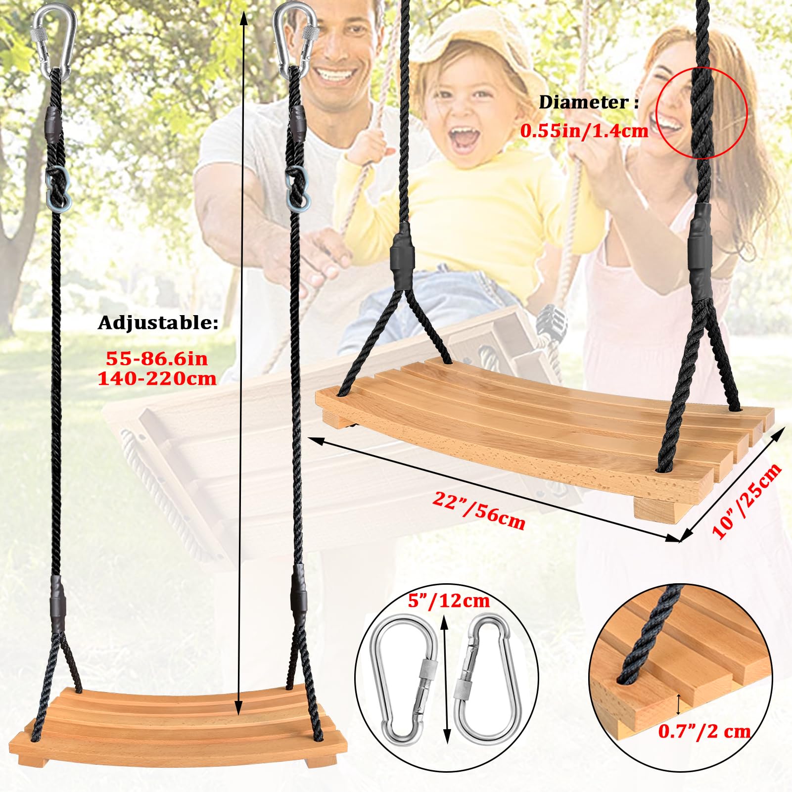 Favuit Wooden Swing Seat, Hanging Tree Swing for Adults Kids Outdoor Wood Swing Set Accessories with Height Adjustable Nylon Hanging Rope for Backyard Patio Garden Playground (22"x10")