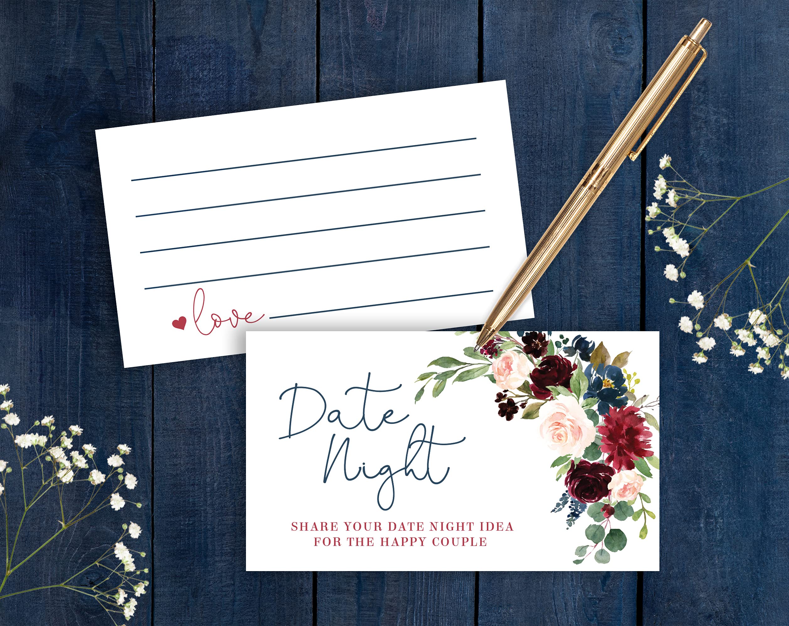 Your Main Event Prints Burgundy and Navy Floral Date Night Game Sign and Cards - Great for Bridal Showers and Weddings - 1 Self-Standing Sign and 50 Guessing Cards