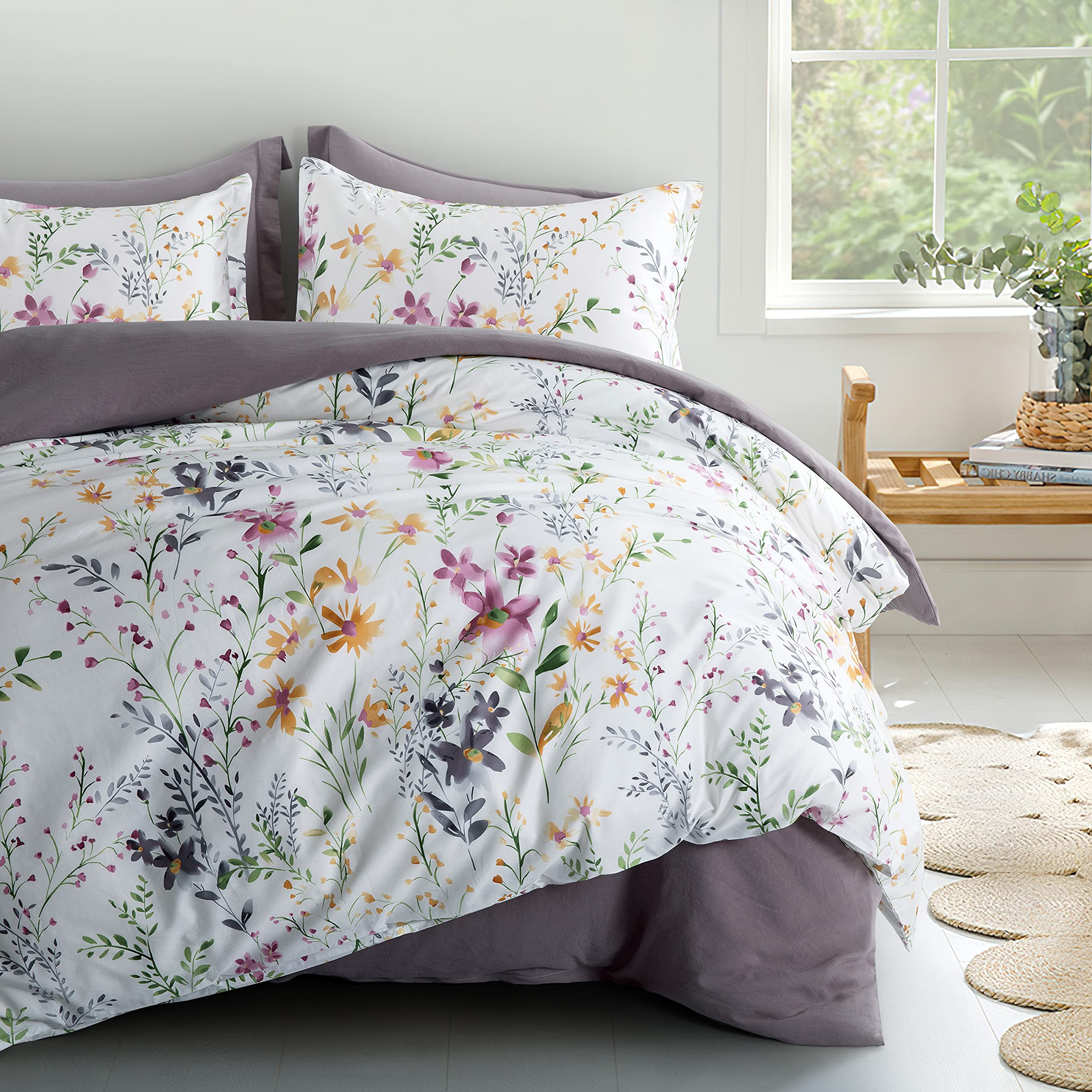 Windflower Bedding Bloomfield Floral Duvet Cover 3pc Set Cotton Botanical Nature Vines Branches Birds Butterflies Multicolored Flowers (Super King, White)