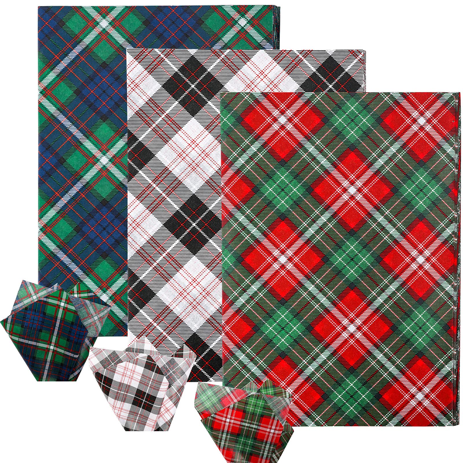 Whaline Christmas Tissue Paper Buffalo Plaid Wrapping Paper Blue Red Green White Black Gift Wrapping Tissue Paper Rustic Art Paper Crafts for Home DIY Gift Bags New Year Decor, 90 Sheets