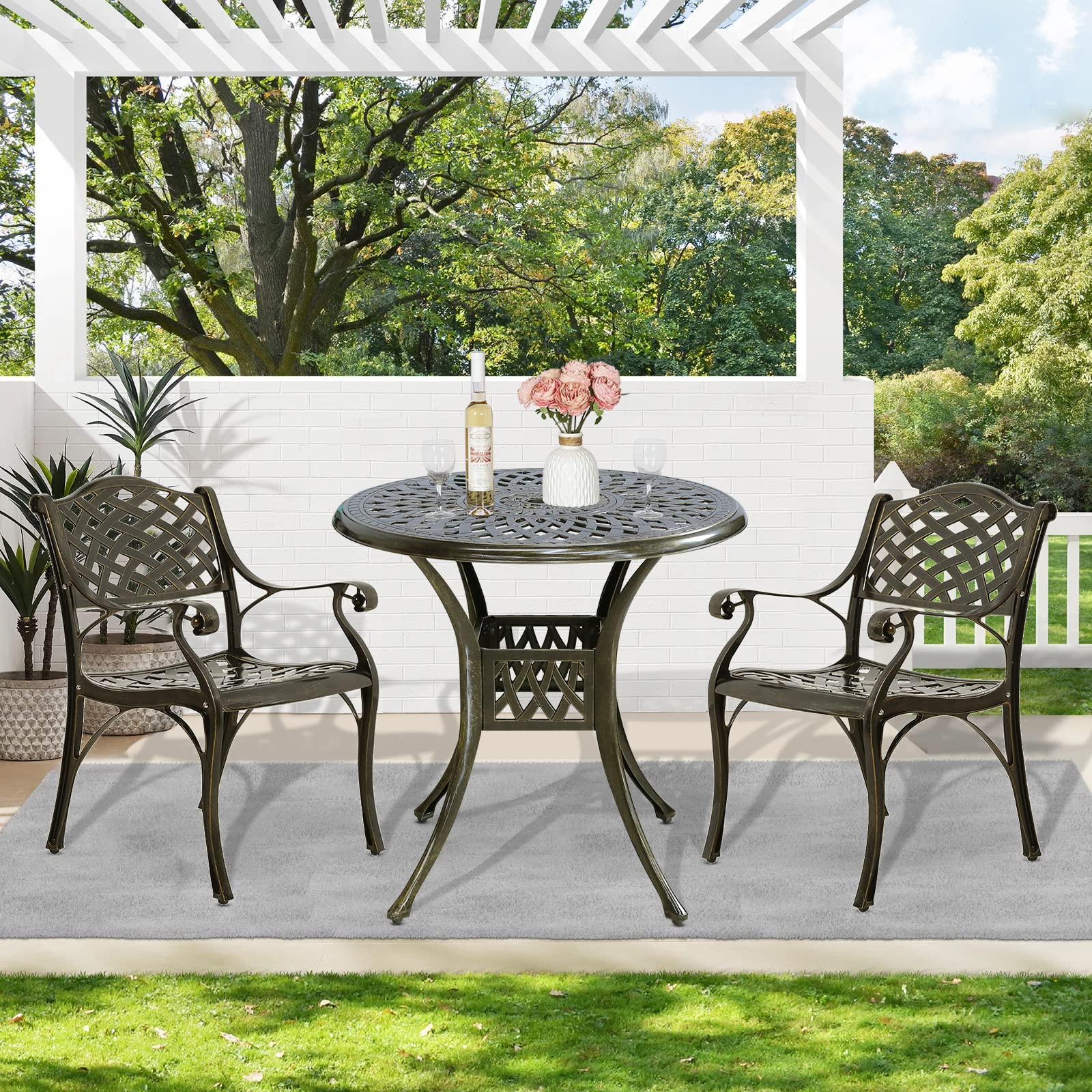 MEETWARM 3 Piece Patio Bistro Set, Outdoor All-Weather Cast Aluminum Dining Furniture Set Includes 2 Chairs and a 31” Round Table with Umbrella Hole for Garden Deck