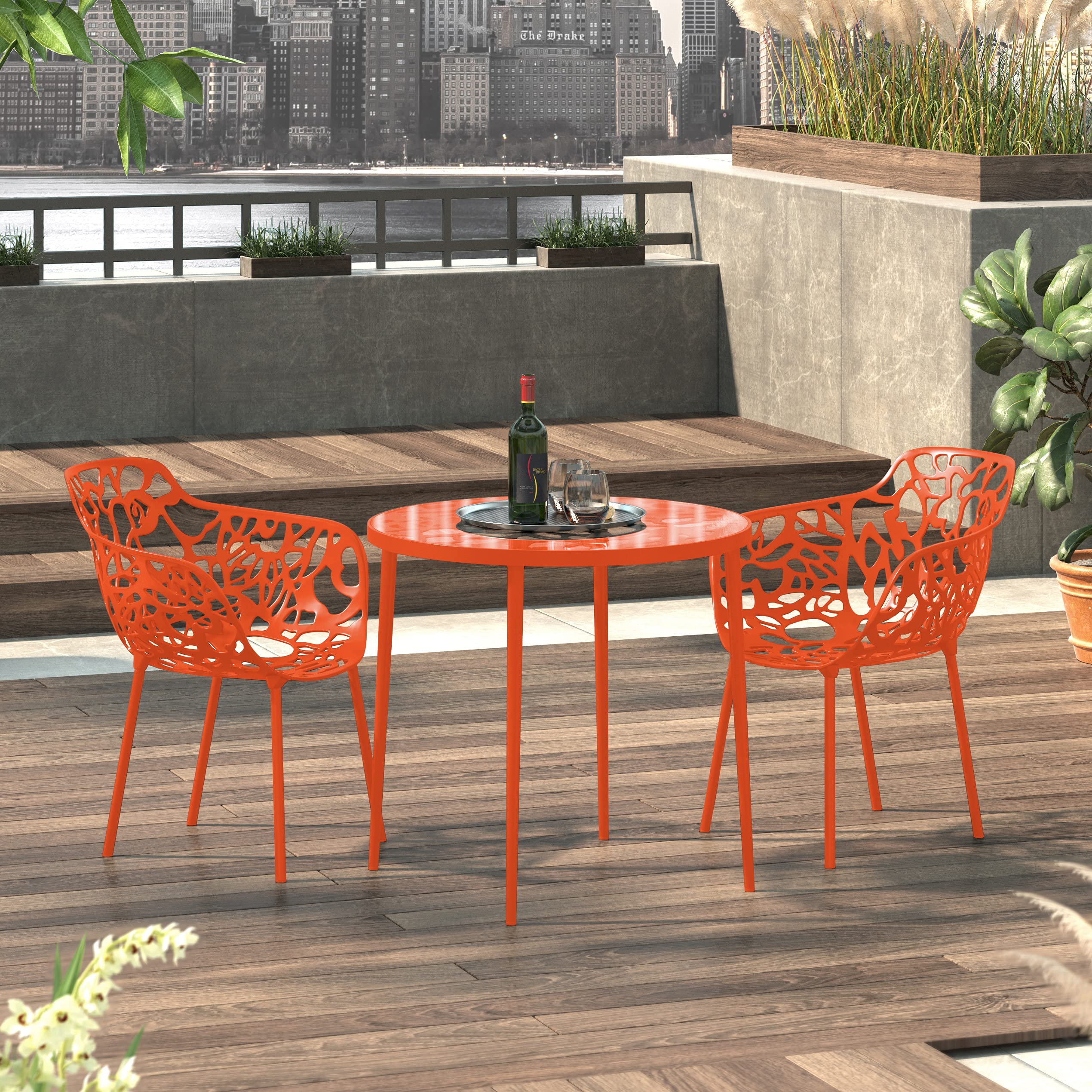 LeisureMod Devon Modern Aluminum Indoor-Outdoor Stackable Patio Dining Armchair, Set of 2, Orange