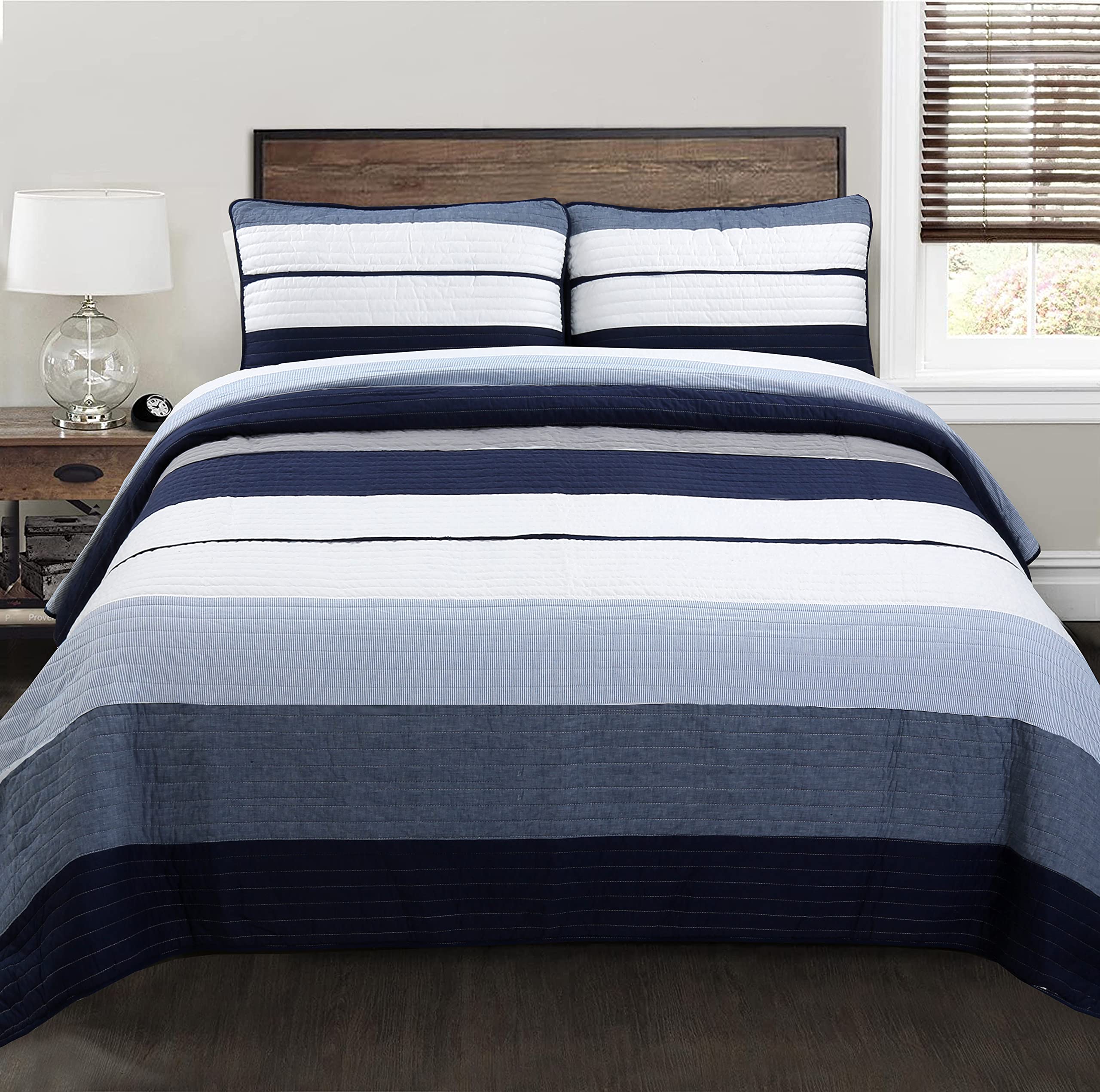 Cozy Line Home Fashions Tranquil Blue Gray Striped Boy 100% Cotton Reversible Quilt Bedding Set, All-Season Coverlet, Bedspread (Rendon, Queen - 3 Piece)