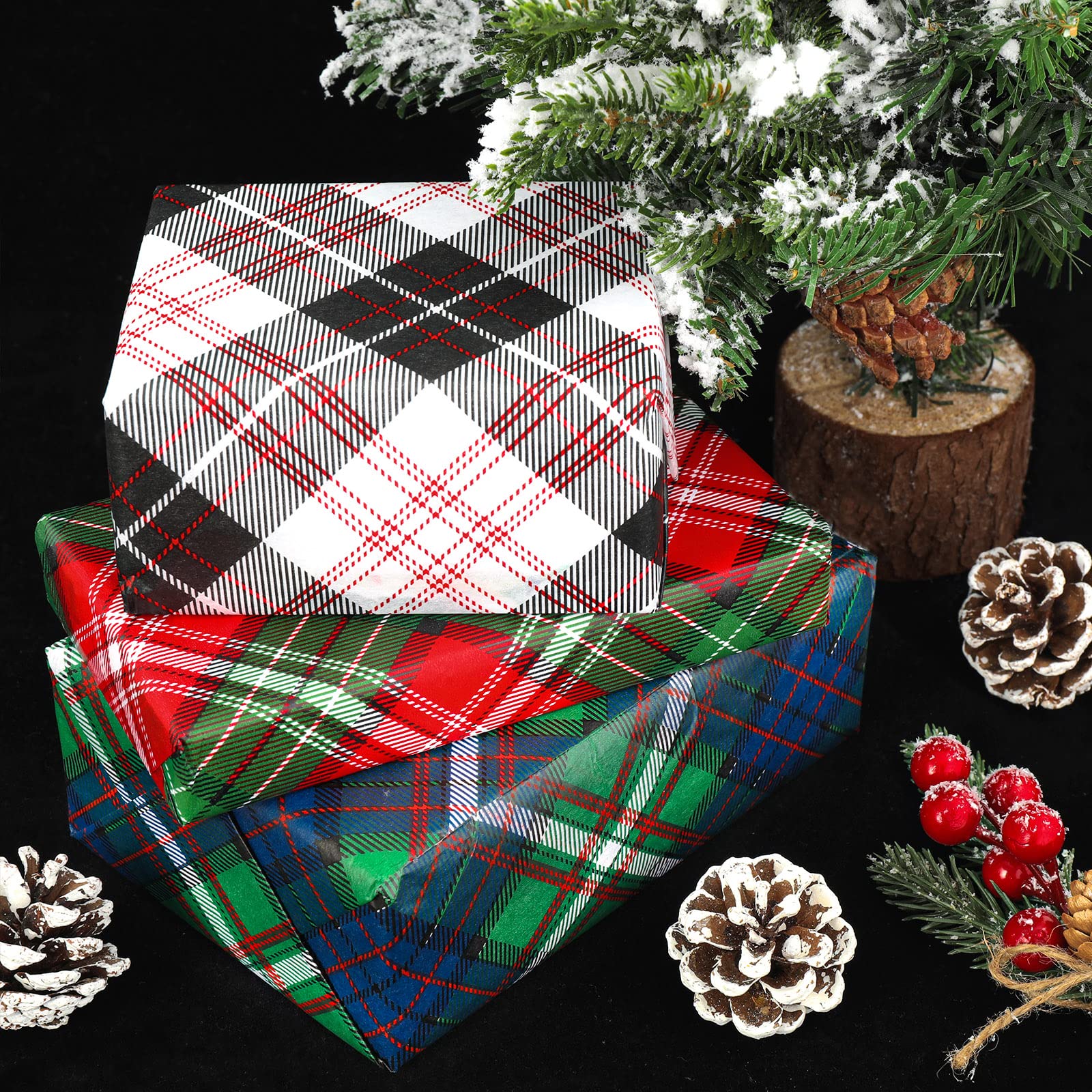 Whaline Christmas Tissue Paper Buffalo Plaid Wrapping Paper Blue Red Green White Black Gift Wrapping Tissue Paper Rustic Art Paper Crafts for Home DIY Gift Bags New Year Decor, 90 Sheets